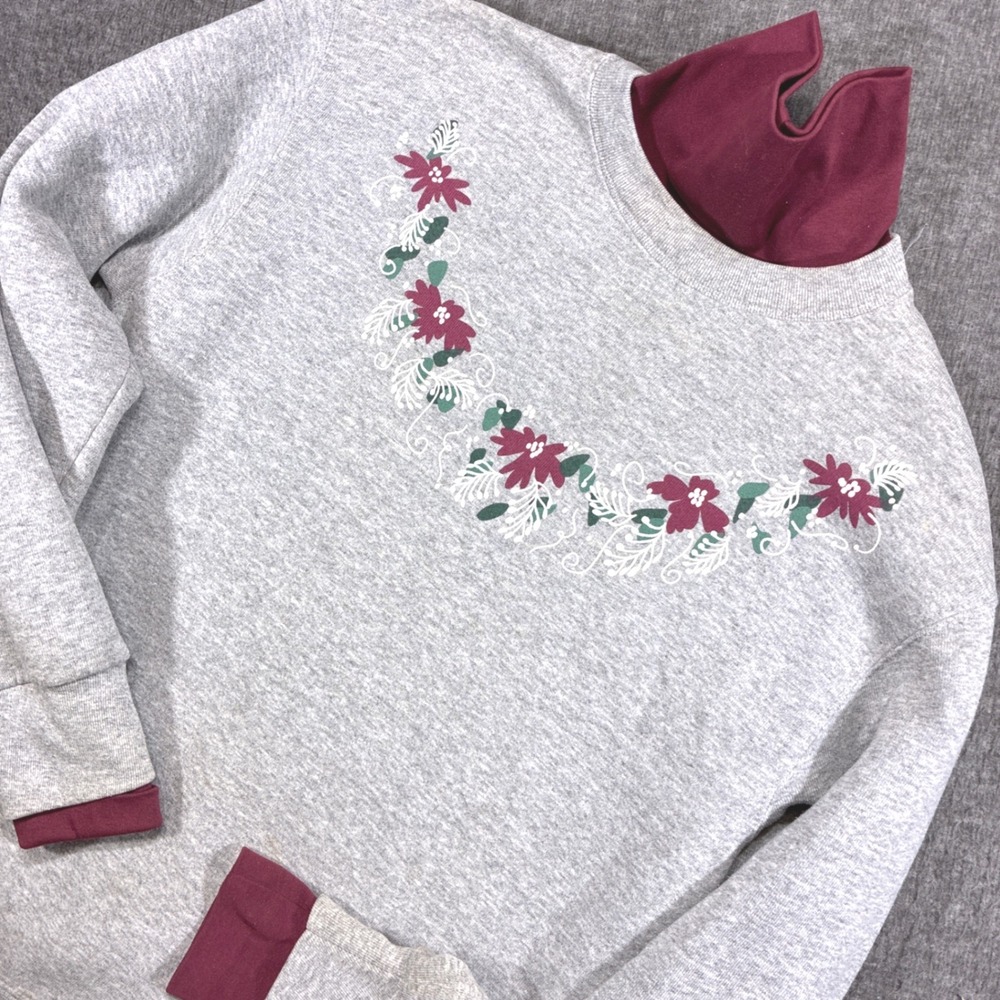 Vintage Grandma Sweatshirt Women Medium Gray PFI Fashions‎ Floral Mock Neck 80s